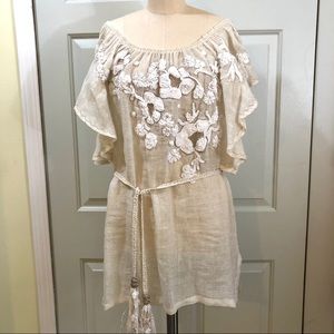 NEW Emamo Embroidered Linen Wing Sleeves Sheer Dress Beige Size Large